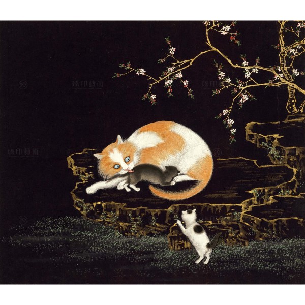 Cats and Butterflies of Longevity, Peach blossom and cat, Shen Zhenlin, Qing dynasty, Giclée