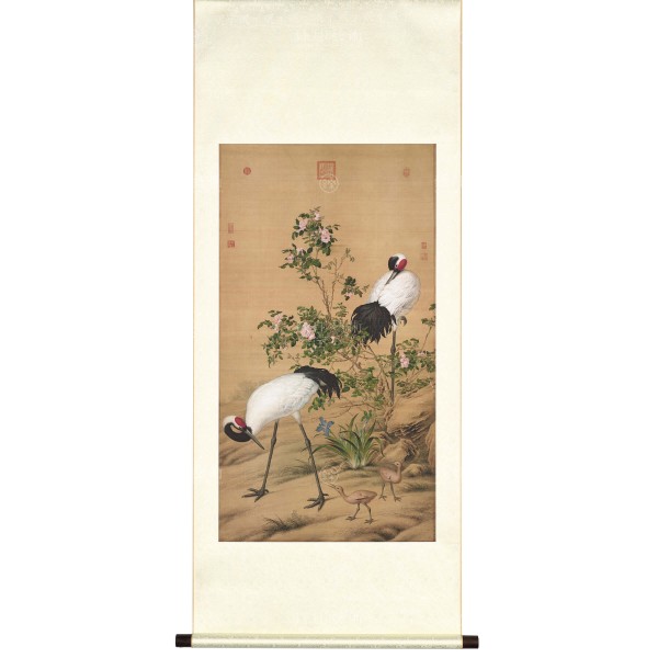 Paired Cranes in the Shade with Flowers, Giuseppe Castiglione, Qing Dynasty, Scroll (M)