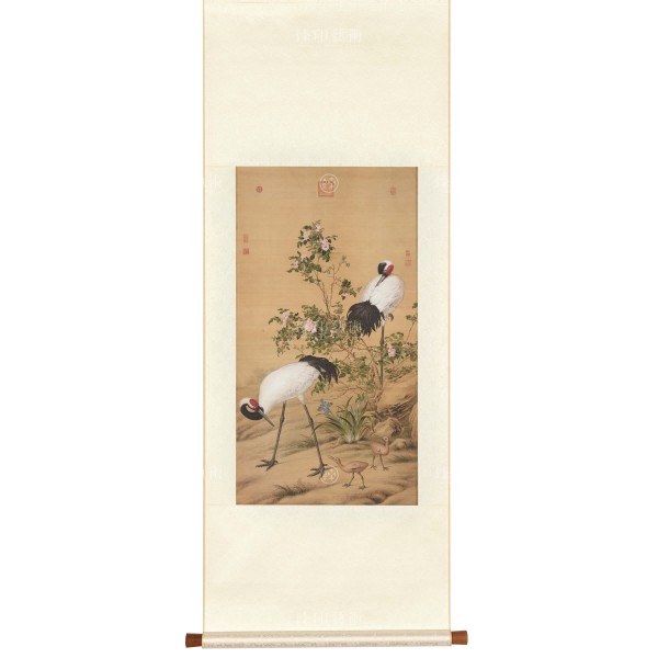 Paired Cranes in the Shade with Flowers, Giuseppe Castiglione, Qing Dynasty, Scroll (S)