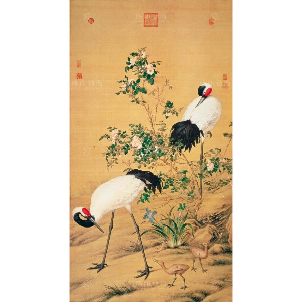 Paired Cranes in the Shade with Flowers, Giuseppe Castiglione, Qing Dynasty, Giclée (M)