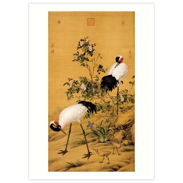 B4 Size, Print Card, Paired Cranes in the Shade with Flowers, Giuseppe Castiglione, Qing Dynasty
