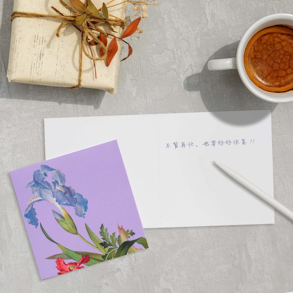 Message Card,  Immortal Blossoms in an Everlasting Spring．Papaver rhoeas and Iris japonica 