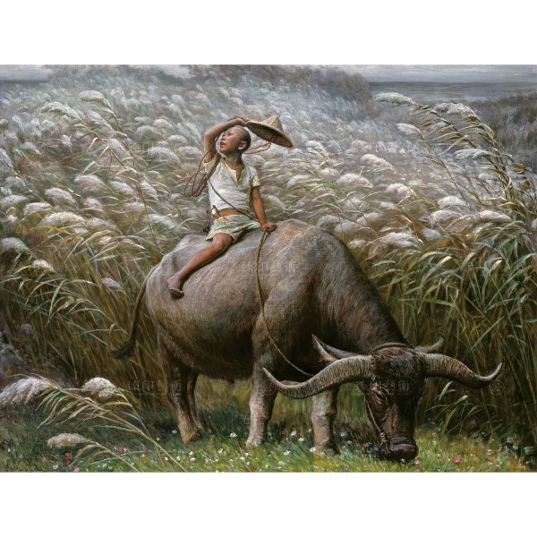 Li Zi-jian, Childhood on an Ox's Back (L), Giclee